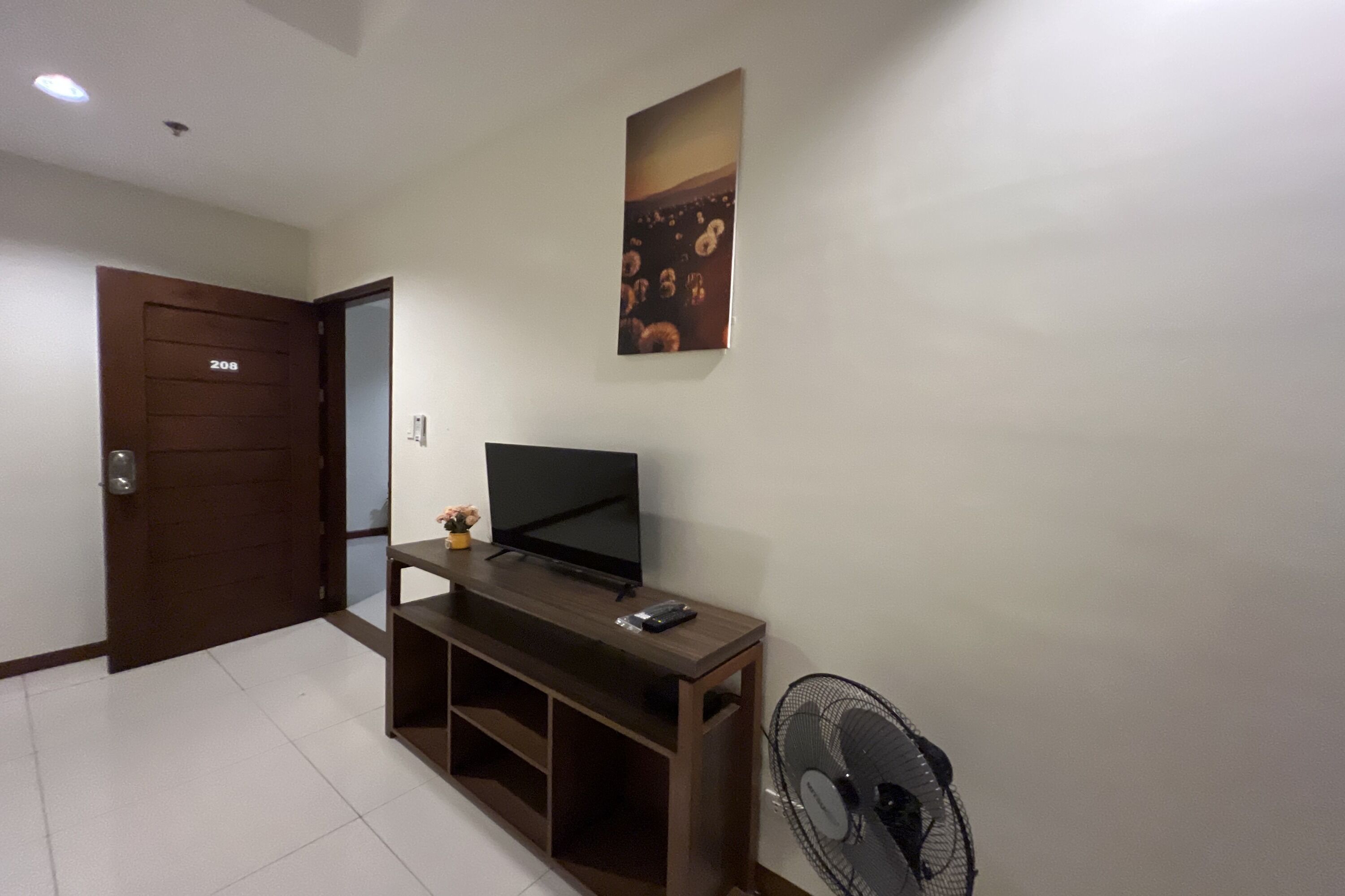 A hallway with a wooden door labeled "208", a flat-screen TV on a wooden stand, and a wall-mounted picture.