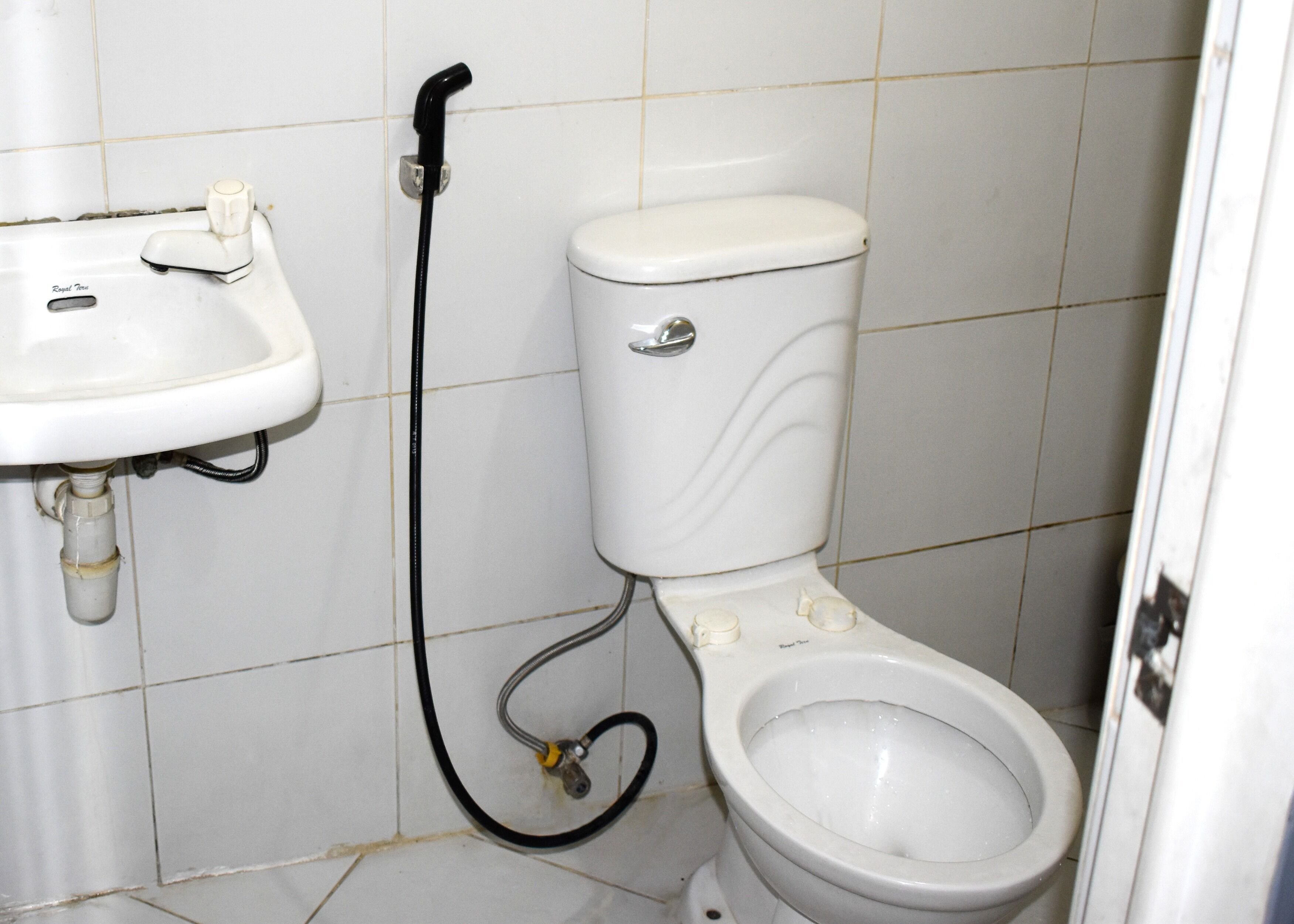 Un baño con inodoro blanco, lavamanos y ducha.