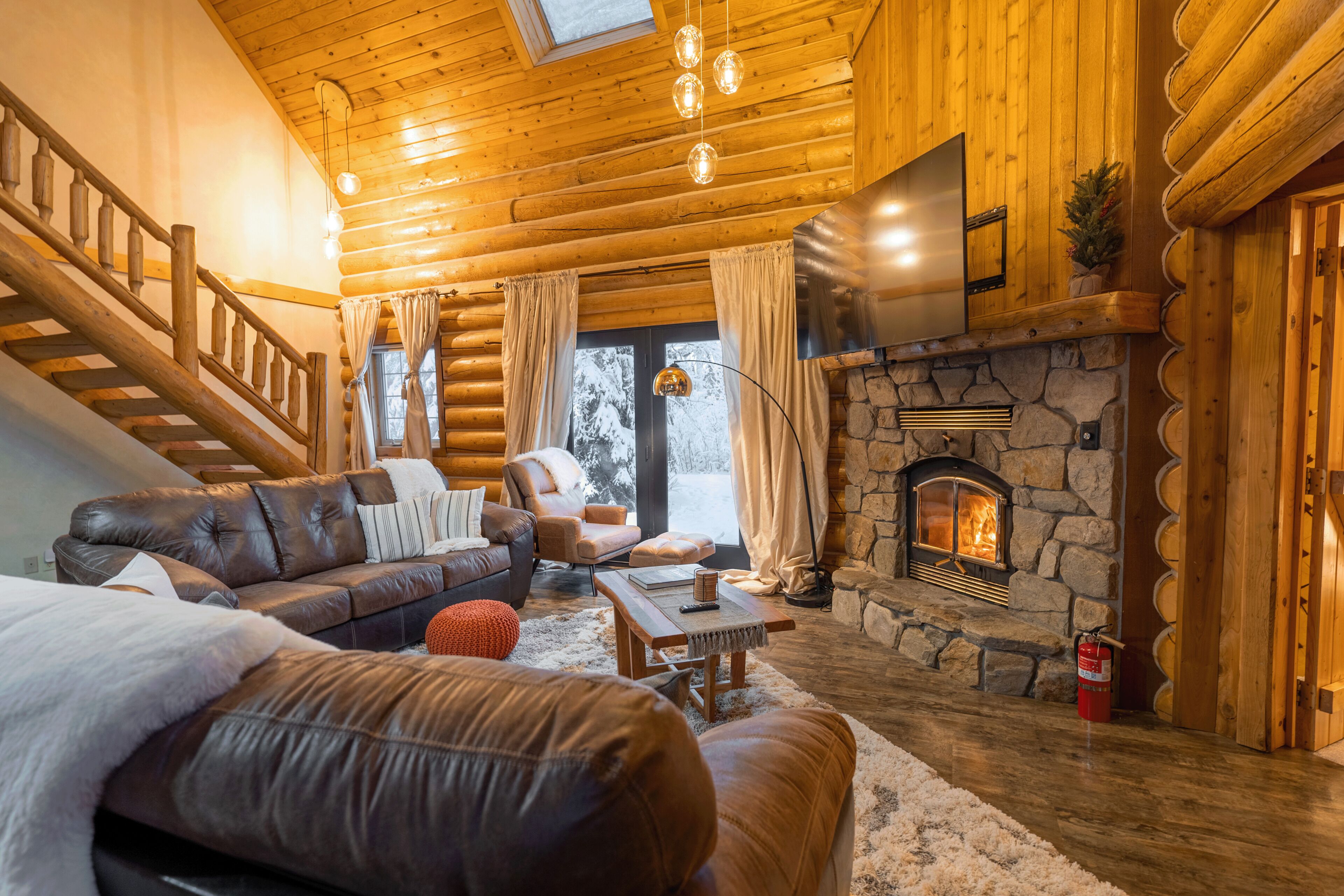 Smart TV, fireplace, books, computer monitors