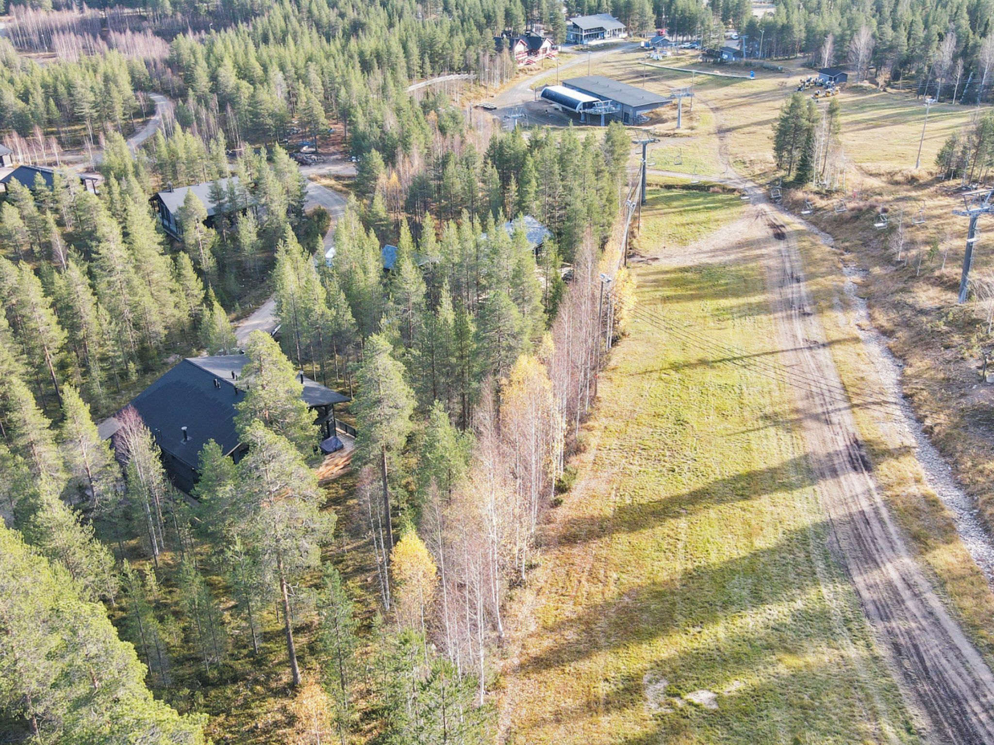 An aerial view of a forested area with a cabin and a building with a flat roof.