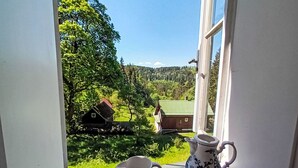 Vista desde una ventana a un paisaje rural con casas y vegetación.