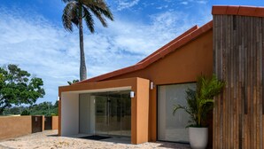 A modern building with a glass entrance, a palm tree, and a potted plant. - San Lameer Villa Rentals 2818 (Southbroom)