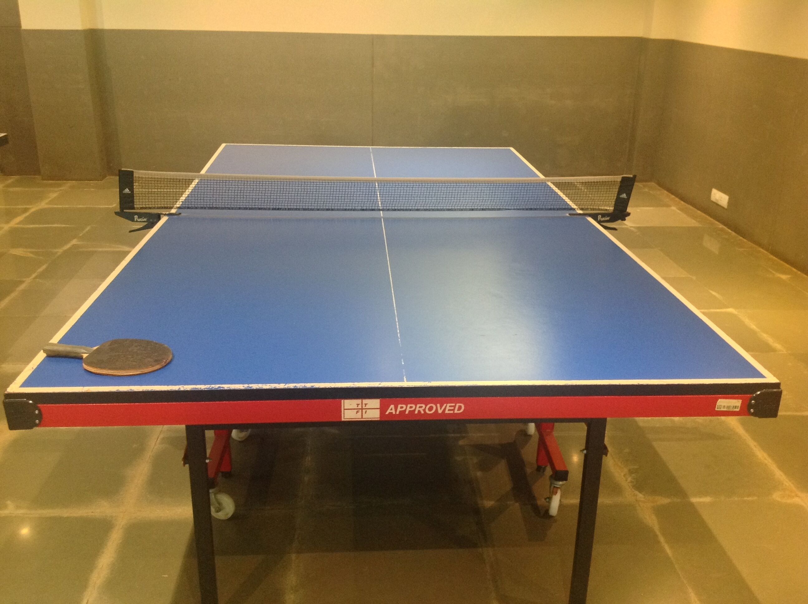 A table tennis table with a net, a paddle, and an "APPROVED" label.