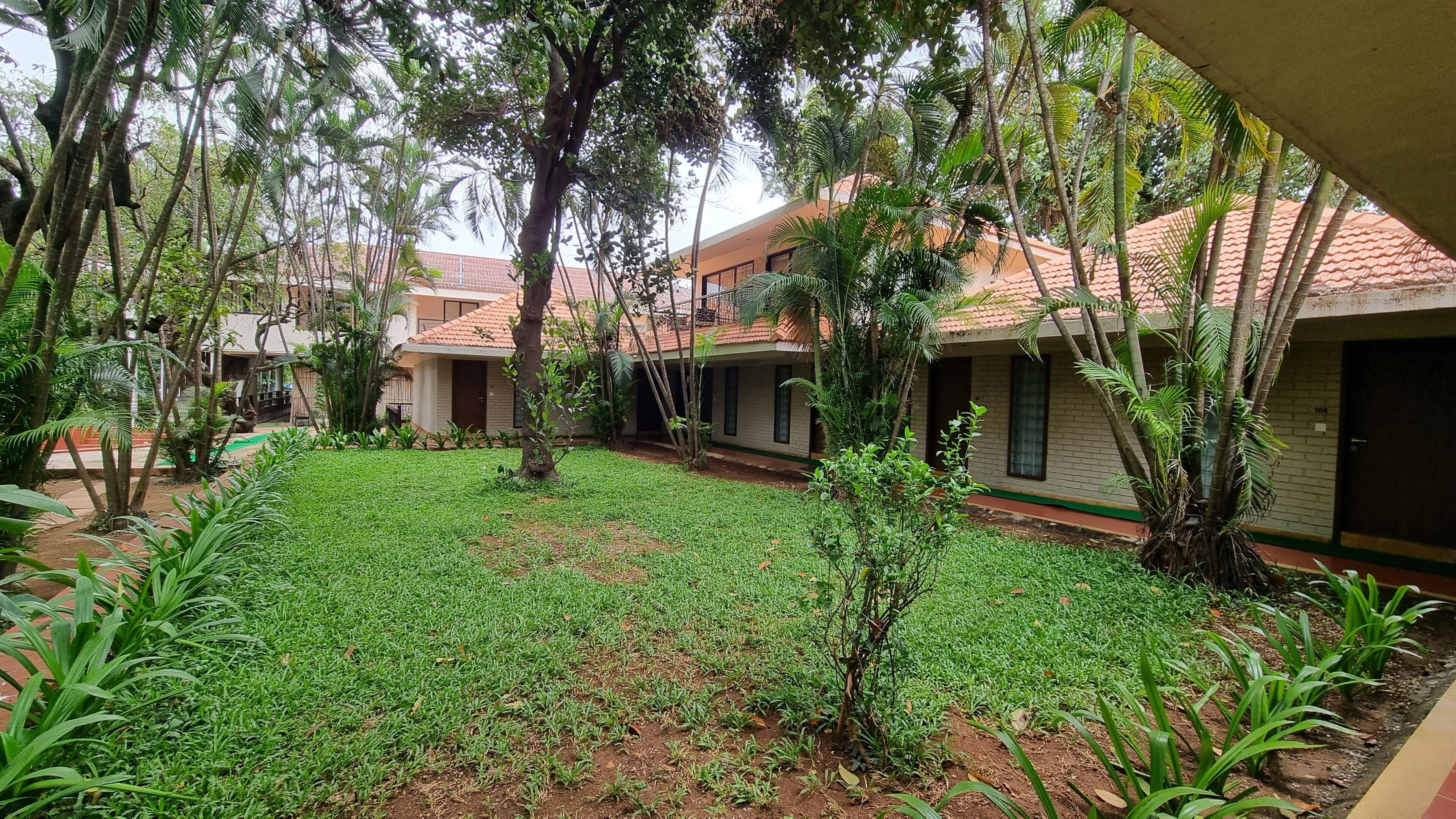 A courtyard with a grassy area, surrounded by buildings with red-tiled roofs and brick walls.