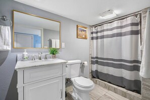 Une salle de bain avec un meuble-lavabo blanc, des toilettes, un rideau de douche à rayures noires, un tableau encadré au mur et une petite plante posée sur le meuble-lavabo.