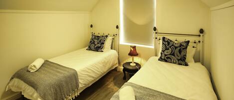 Two single beds with patterned pillows and blankets, a bedside lamp, and a window with a view of the sky.