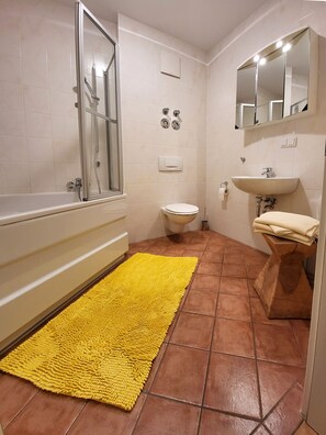 Hair dryer, towels, soap, toilet paper