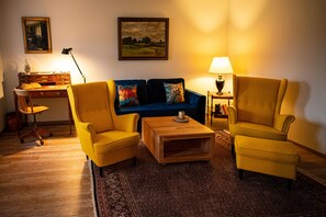 Televisio, takka, DVD-soitin, kirjoja