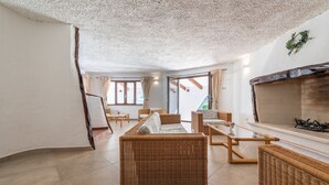 Un vaste espace de vie agrémenté de meubles en osier, d’une cheminée et de grandes fenêtres.
