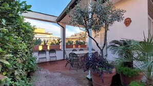 Un pati cobert amb mobiliari exterior, plantes en testos i vista dels edificis circumdants.