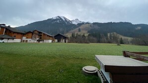 A rural setting with wooden buildings, a grassy field, and a mountain with snow-capped peaks in the background.