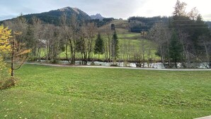 Camp de gespa amb un riu i arbres, una muntanya al fons i línies elèctriques.
