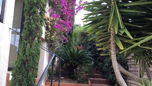Un escalier menant à un patio dont le sol est recouvert de carreaux, entouré de différentes plantes et agrémenté d’une rambarde.