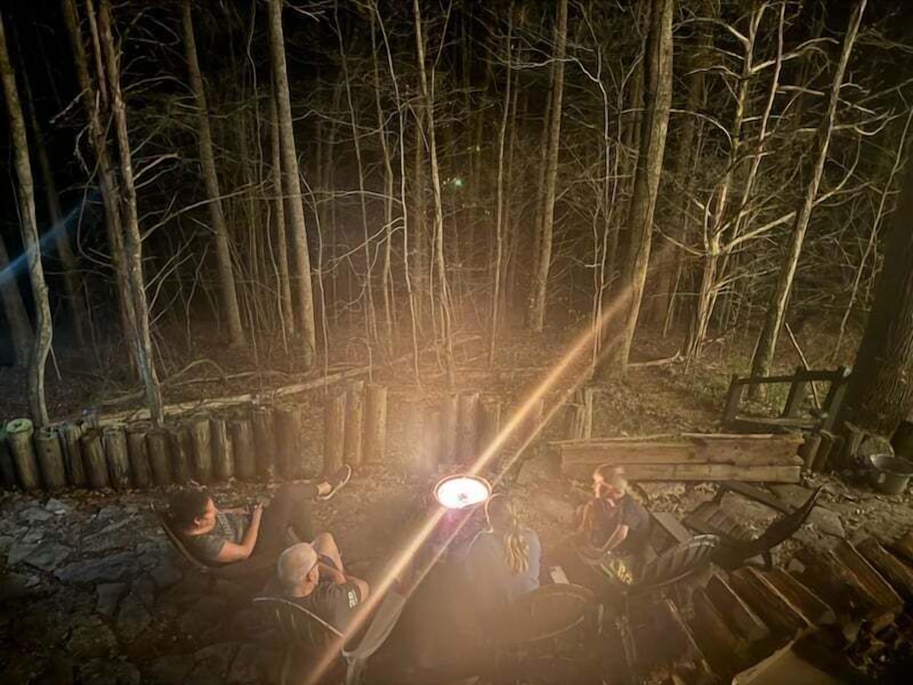 A group of people gathered around a campfire in a forest at night.