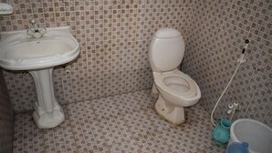 A bathroom with a sink, toilet, and a shower area. - Ever Green Hotel & Restaurant (Balakot)