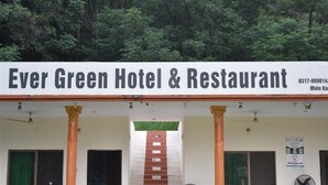 The exterior of the Ever Green Hotel & Restaurant with a signboard, columns, and a staircase leading to the entrance. - Ever Green Hotel & Restaurant (Balakot)