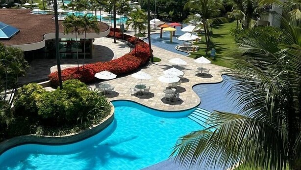 Área de piscina de resort com palmeiras, espreguiçadeiras e céu azul límpido.
