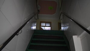 Eine Treppe mit Geländern, ein Fenster am Obergeschoss und eine Decke mit einer Leuchte.