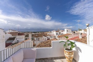 Una terraza en la azotea con baranda blanca, una planta en maceta y un sofá blanco.