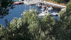 Un village côtier aux bâtiments blancs, un port de plaisance avec des bateaux et une végétation luxuriante.