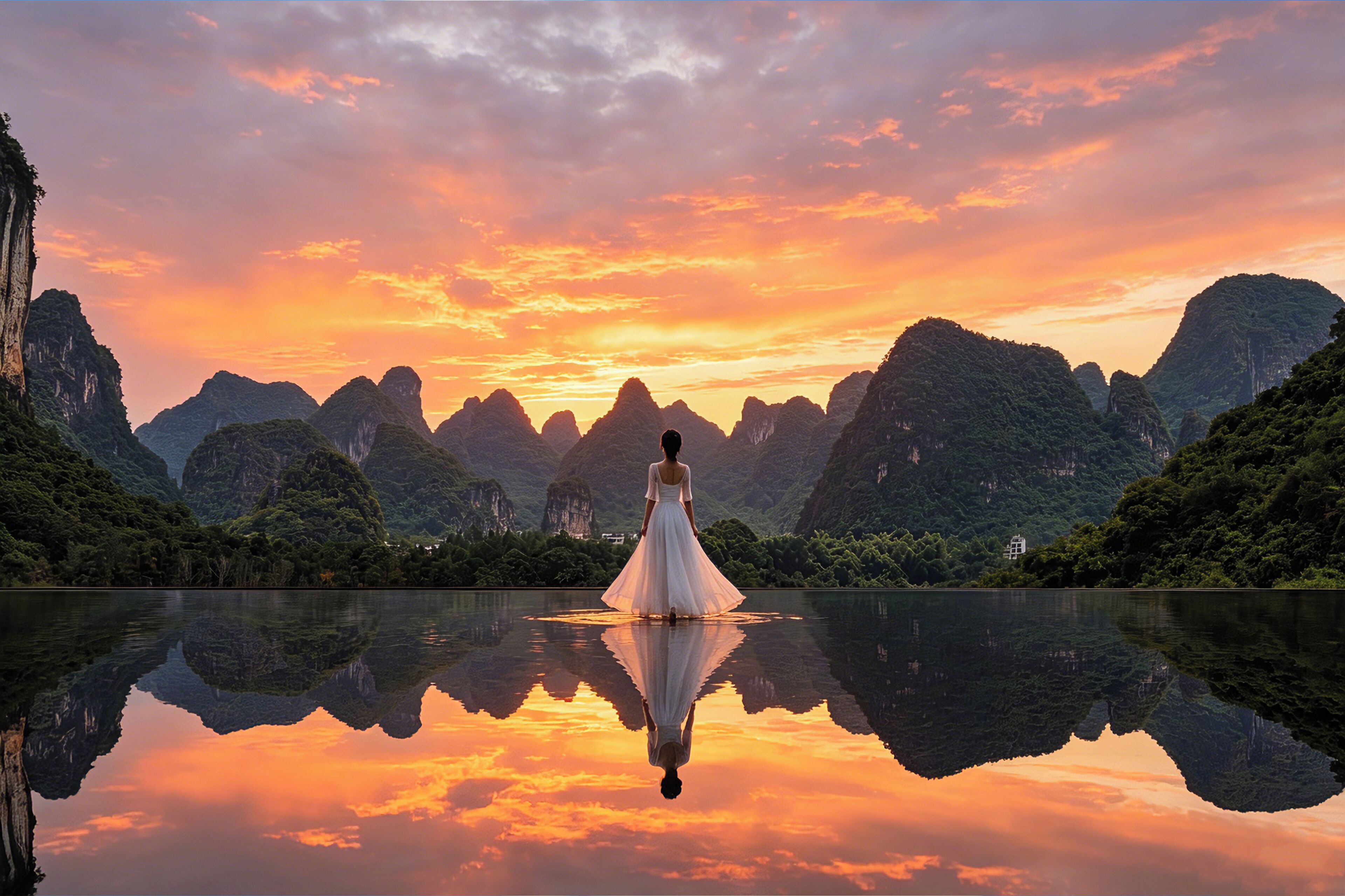 A woman in a white dress standing by a reflective lake with mountainous scenery in the background.