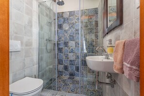 Shower, hair dryer, towels, soap