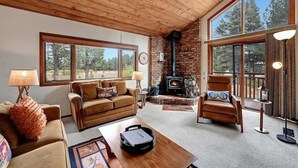 Una sala de estar acogedora con chimenea, ventanas amplias y un espacio de descanso confortable.