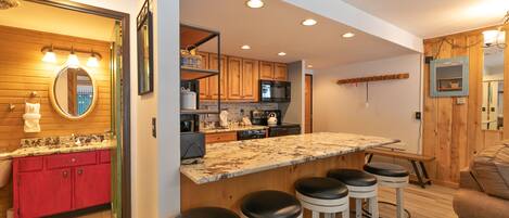 Coffee/tea maker, toaster, cookware/dishes/utensils