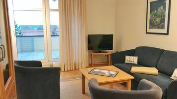 Fernseher, DVD-Player, BĂŒcher, Musikbibliothek