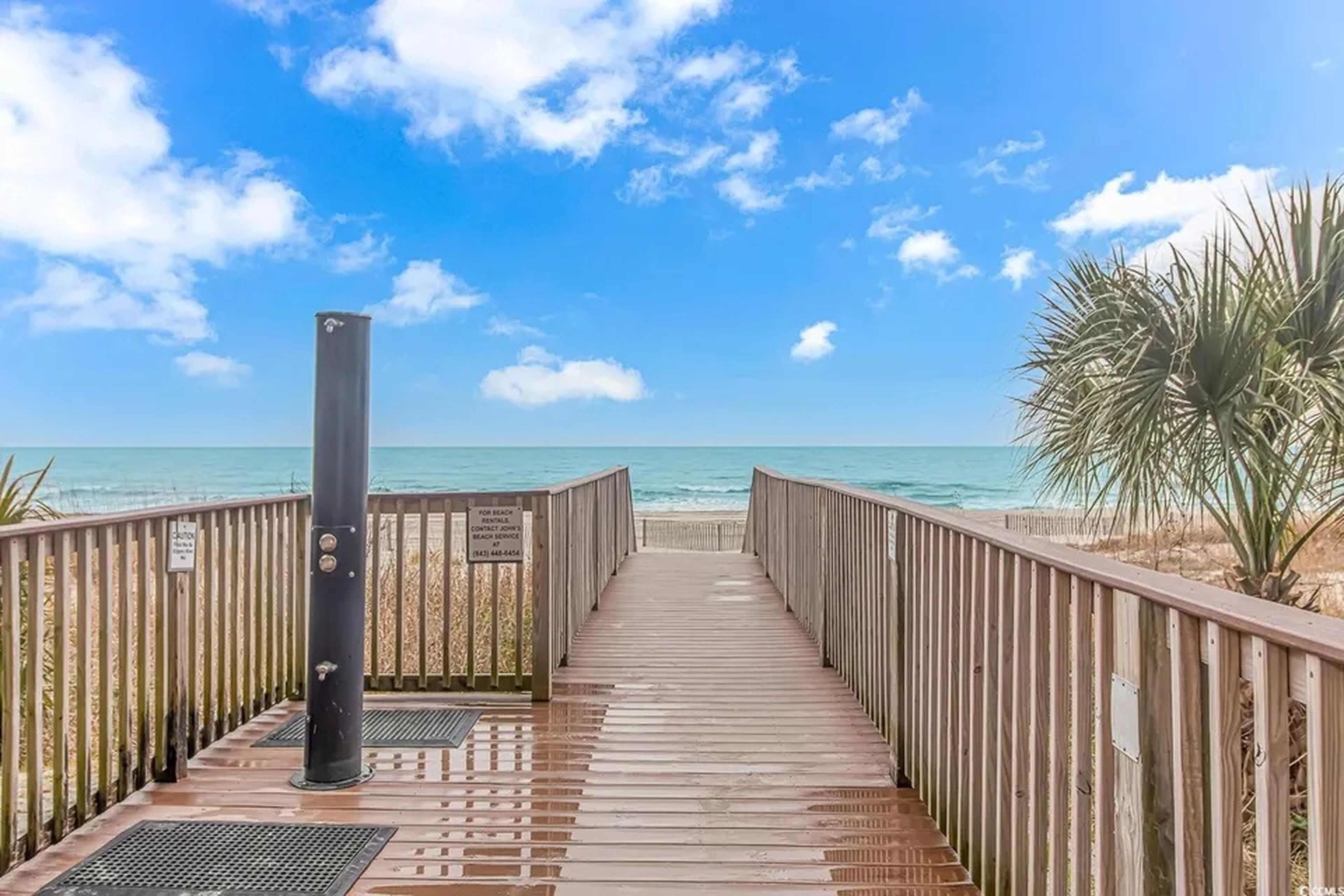 A wooden boardwalk leading to a beach with a clear sky and a palm tree on the right.