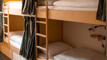 A bunk bed room with a wooden ladder, a desk, and a small shelf.