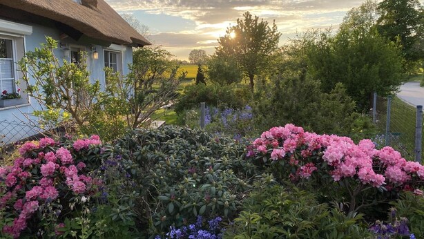 A house with a thatched roof and a garden with pink and purple flowers. - Reethaus Vilmnitz - Ferienwohnung "muglitz" (Vilmnitz)