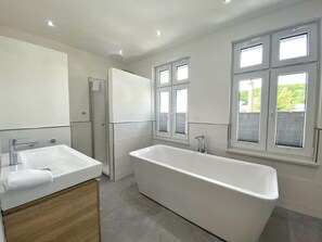Shower, hair dryer, towels