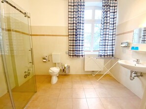 Shower, hair dryer, towels