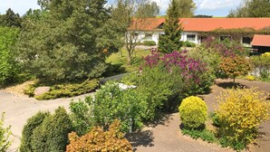 A landscaped garden with various trees and shrubs, a paved driveway, and a building with a red roof in the background.