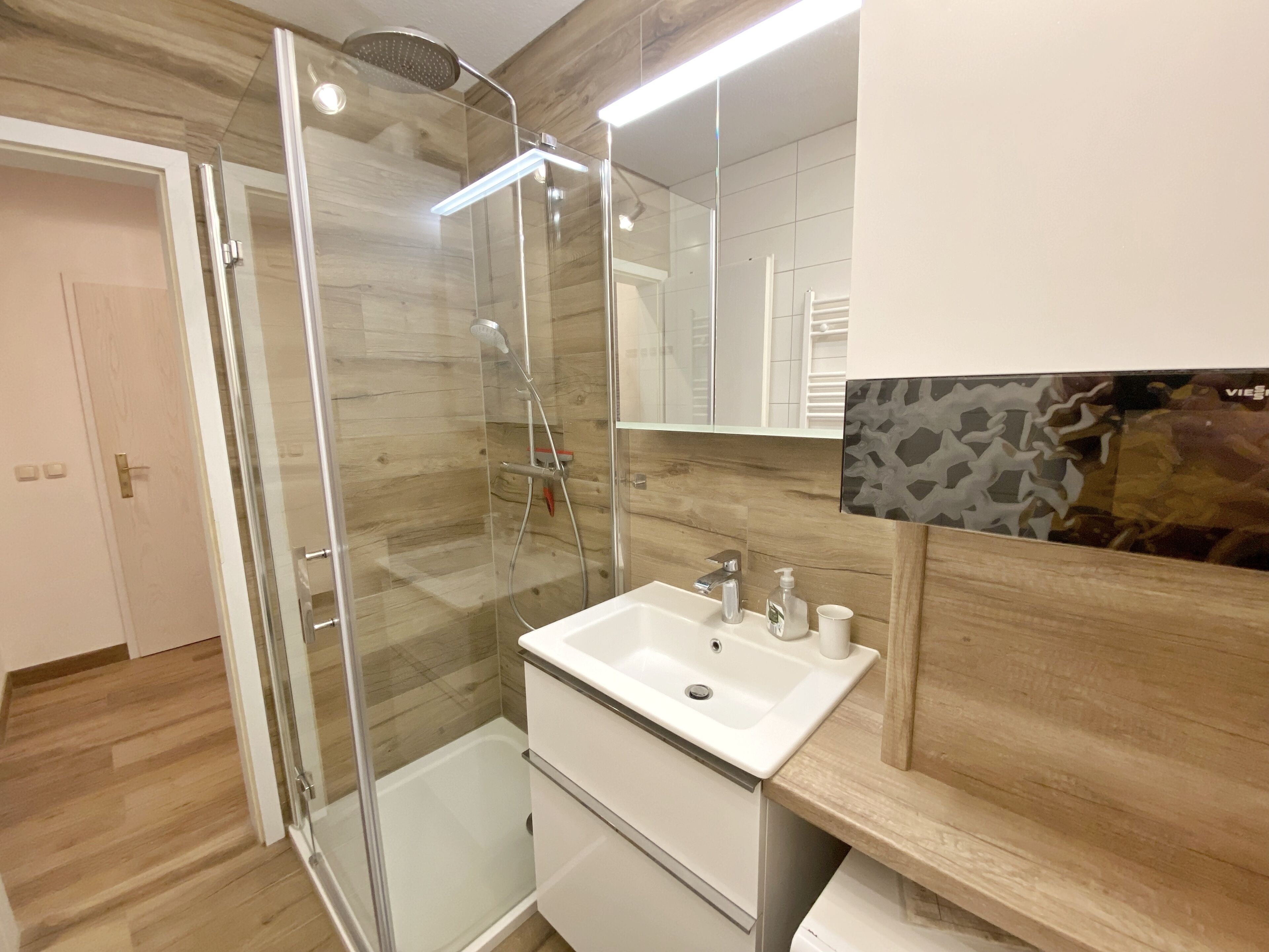 Shower, hair dryer, towels