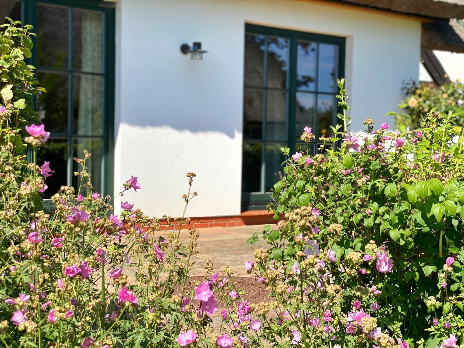 Ein weißes Gebäude mit großen Fenstern und einem Backsteinfundament.