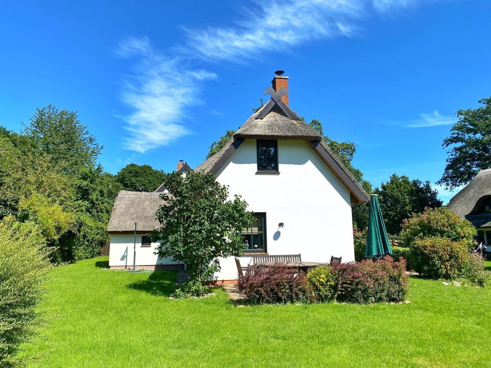 A white cottage with a thatched roof, surrounded by lush greenery and a clear blue sky.
