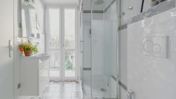 Shower, hair dryer, towels