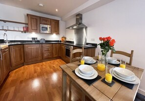 Fridge, microwave, dishwasher