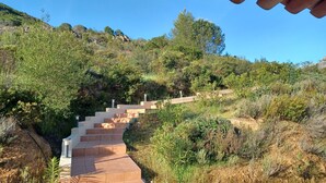 Un escalier menant vers le haut, avec un ciel dégagé au-dessus.