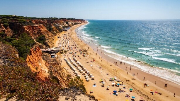 A beach with rows of umbrellas and sun loungers, a clear sky, and a coastline with cliffs.