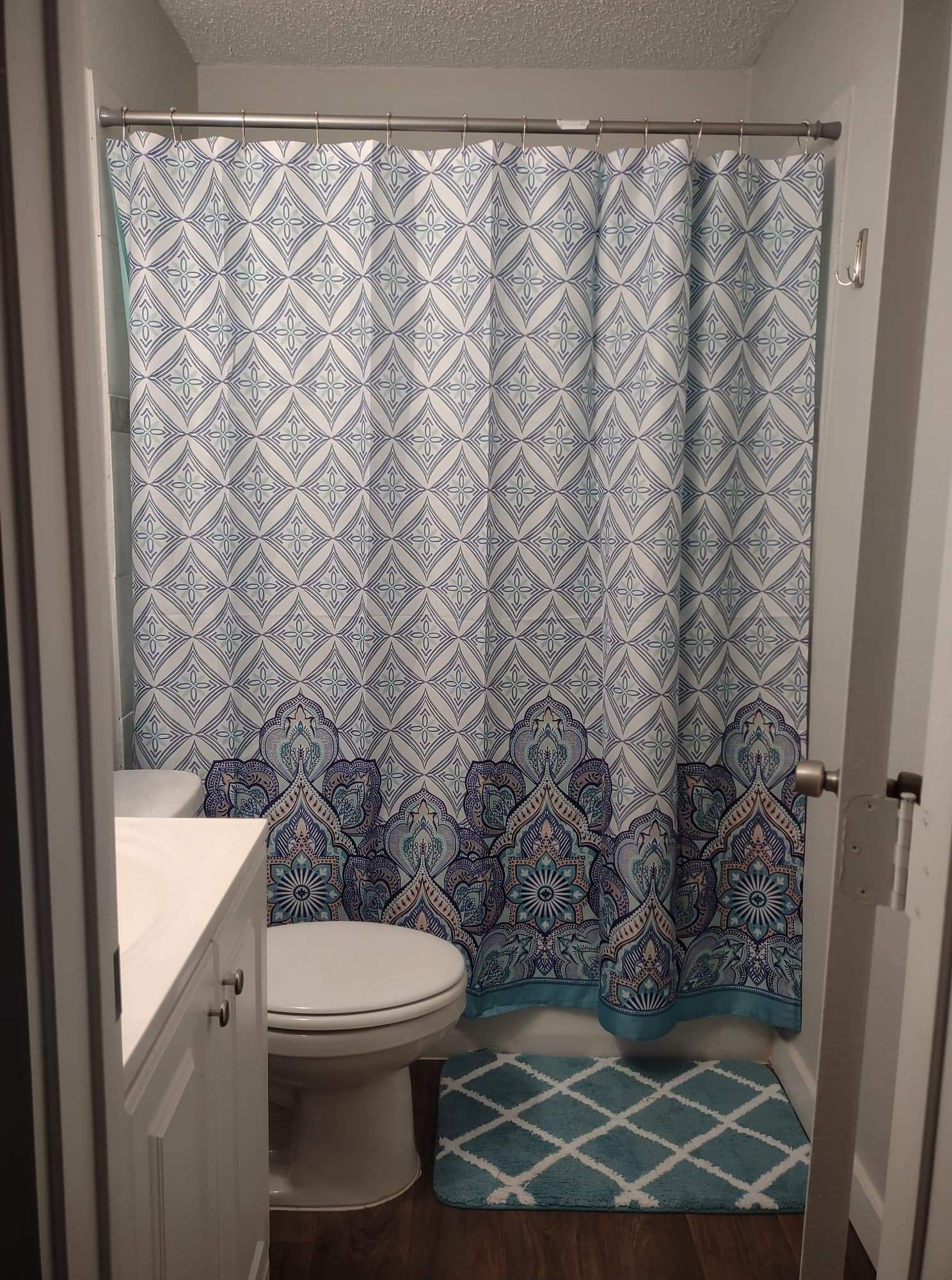 Hair dryer, towels, shampoo, toilet paper