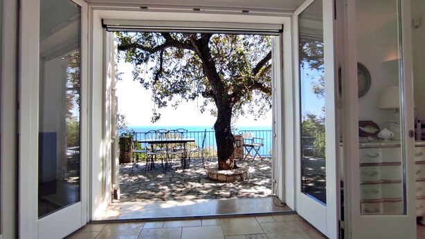 A room with a view of a tree and a patio area with a table and chairs. - Villa Marinus- Private Pool And Breathtaking Sea View (Corsano)