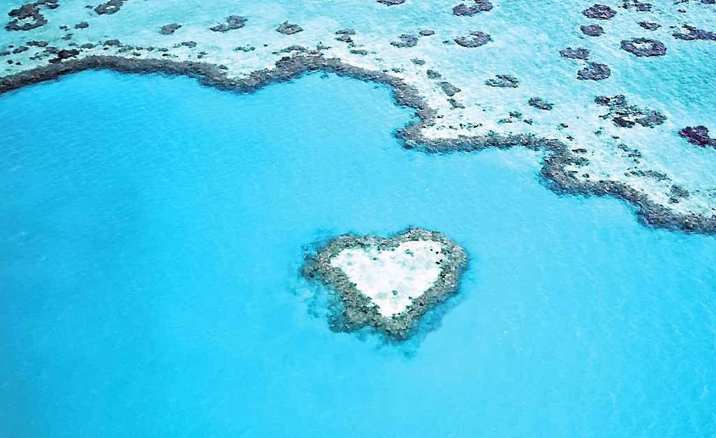 An aerial view of a heart-shaped island surrounded by clear blue waters and scattered coral formations.