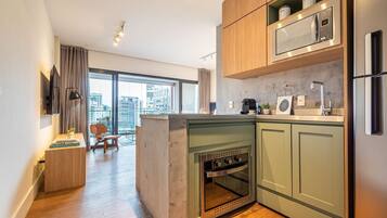Apartment | Private kitchen | Fridge, microwave, stovetop, espresso maker