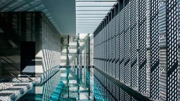 Indoor pool, outdoor pool, sun loungers