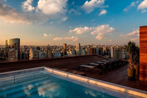 Indoor pool, outdoor pool, pool loungers