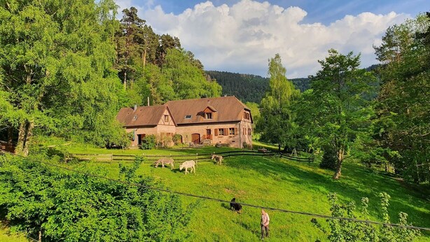 Een groot, rustiek huis omgeven door weelderige groene heuvels en bomen.