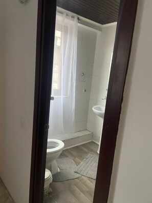 Un baño pequeño con inodoro, lavamanos y ducha.